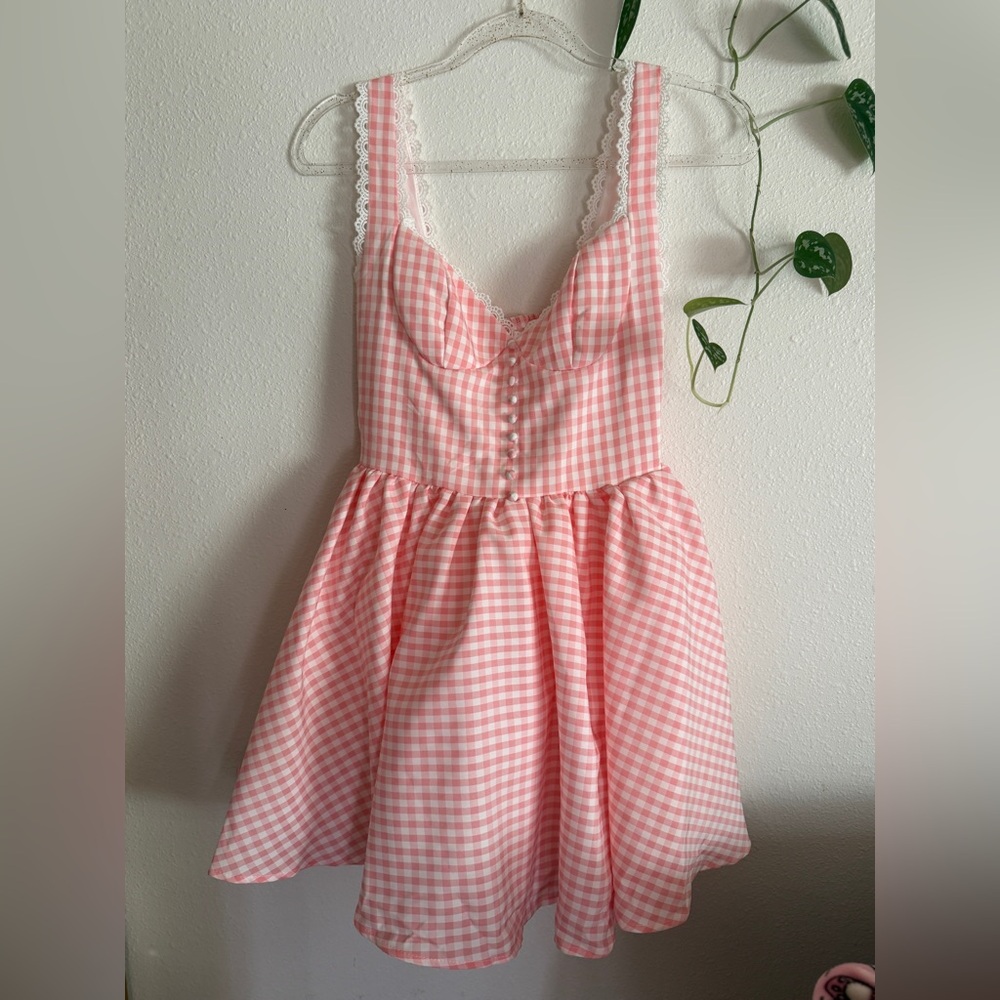 Pink Gingham Checkered Tea Dress Ruched Lace Buttons Cottagecore Fairycore NEW S